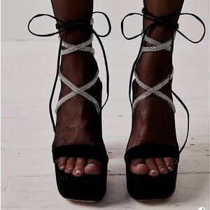 Free People Black Velvet Platforms with Silver Straps